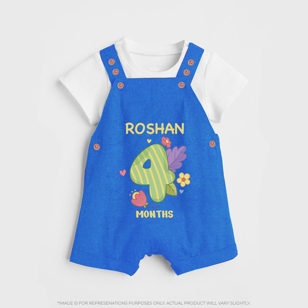 Celebrate Baby's 4th Month | Custom Dungaree Set | Premium Cotton - COBALT BLUE - 0 - 5 Months Old (Chest 18")