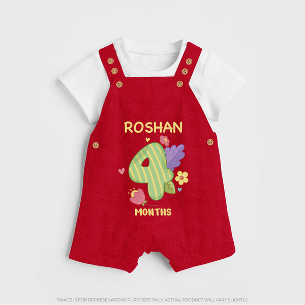 Celebrate Baby's 4th Month | Custom Dungaree Set | Premium Cotton - RED - 0 - 5 Months Old (Chest 18")