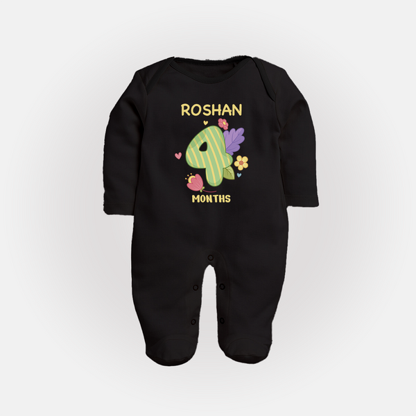 Celebrate Baby's 4th Month | Custom Full Sleeve Bodysuit/ Sleep Suit/ Jumpsuit | Premium Cotton - BLACK - New Born (Chest 7.5")