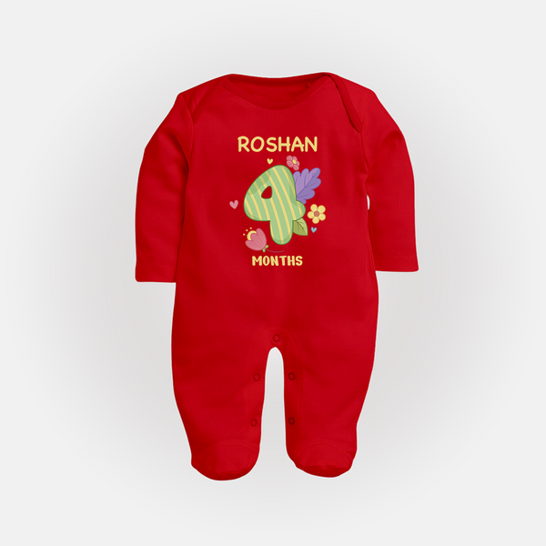 Celebrate Baby's 4th Month | Custom Full Sleeve Bodysuit/ Sleep Suit/ Jumpsuit | Premium Cotton - RED - New Born (Chest 7.5")