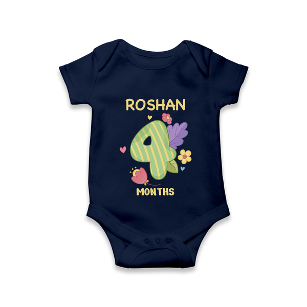 Celebrate Baby's 4th Month | Custom Romper/Onesie | Premium Cotton - NAVY BLUE - New Born (Chest 14")