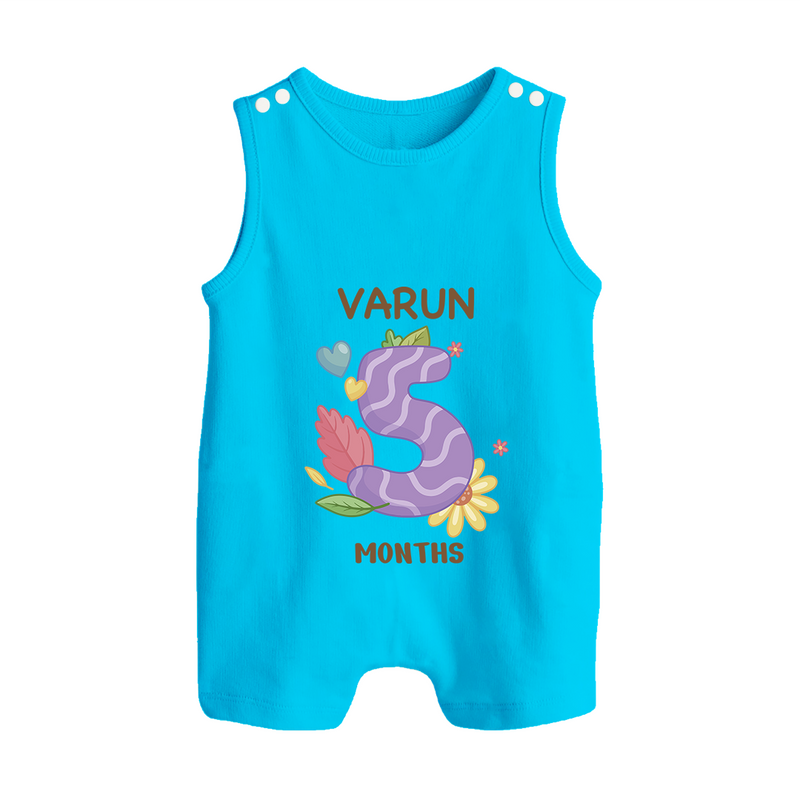 Celebrate Baby's 5th Month | Custom Romper Suit/ Sleeveless Romper | Premium Cotton - SKY BLUE - 0 - 5 Months Old (Chest 18")