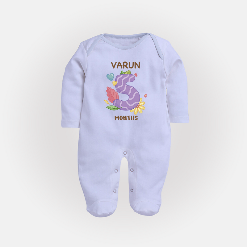 Celebrate Baby's 5th Month | Custom Full Sleeve Bodysuit/ Sleep Suit/ Jumpsuit | Premium Cotton - BABY BLUE - New Born (Chest 7.5")