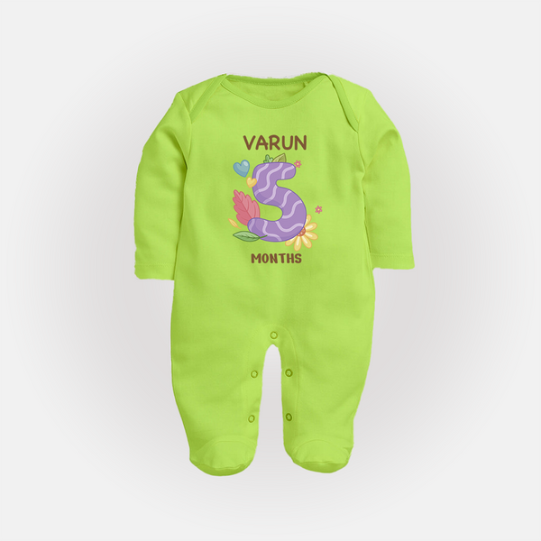 Celebrate Baby's 5th Month | Custom Full Sleeve Bodysuit/ Sleep Suit/ Jumpsuit | Premium Cotton - LIME GREEN - New Born (Chest 7.5")