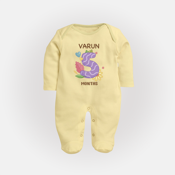 Celebrate Baby's 5th Month | Custom Full Sleeve Bodysuit/ Sleep Suit/ Jumpsuit | Premium Cotton - PASTEL YELLOW - New Born (Chest 7.5")