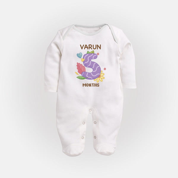 Celebrate Baby's 5th Month | Custom Full Sleeve Bodysuit/ Sleep Suit/ Jumpsuit | Premium Cotton - WHITE - New Born (Chest 7.5")