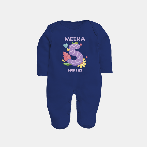 Celebrate Baby's 5th Month | Custom Full Sleeve Bodysuit/ Sleep Suit/ Jumpsuit | Premium Cotton - NAVY BLUE - New Born (Chest 7.5")