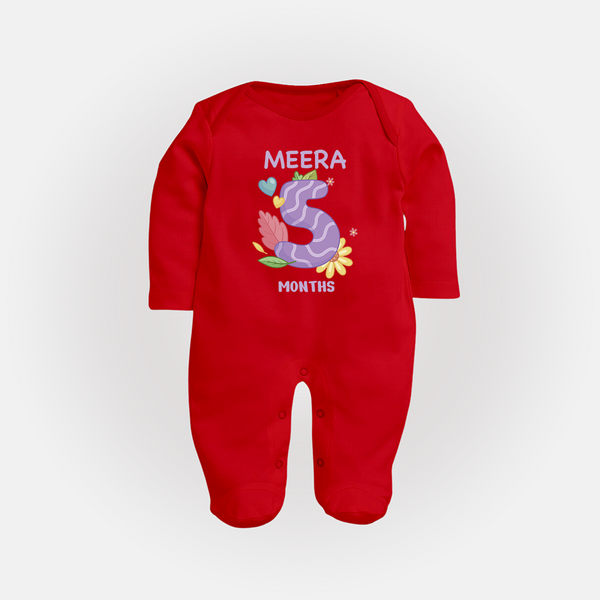 Celebrate Baby's 5th Month | Custom Full Sleeve Bodysuit/ Sleep Suit/ Jumpsuit | Premium Cotton - RED - New Born (Chest 7.5")