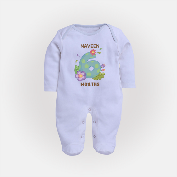 Celebrate Baby's 6th Month | Custom Full Sleeve Bodysuit/ Sleep Suit/ Jumpsuit | Premium Cotton - BABY BLUE - New Born (Chest 7.5")