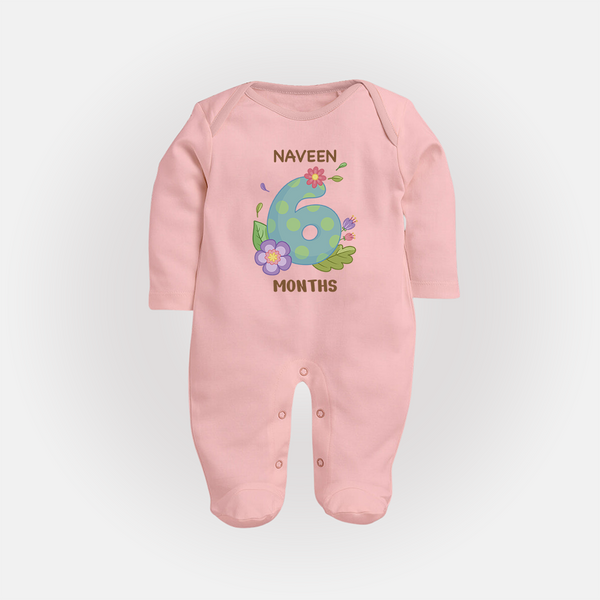 Celebrate Baby's 6th Month | Custom Full Sleeve Bodysuit/ Sleep Suit/ Jumpsuit | Premium Cotton - BABY PINK - New Born (Chest 7.5")