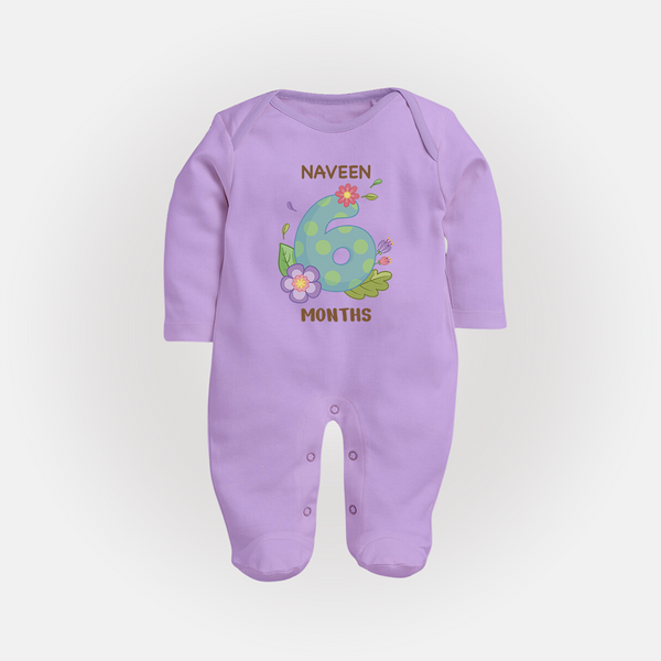 Celebrate Baby's 6th Month | Custom Full Sleeve Bodysuit/ Sleep Suit/ Jumpsuit | Premium Cotton - LILAC - New Born (Chest 7.5")