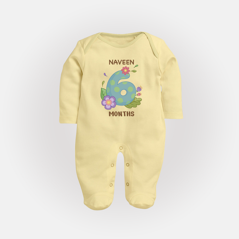 Celebrate Baby's 6th Month | Custom Full Sleeve Bodysuit/ Sleep Suit/ Jumpsuit | Premium Cotton - PASTEL YELLOW - New Born (Chest 7.5")