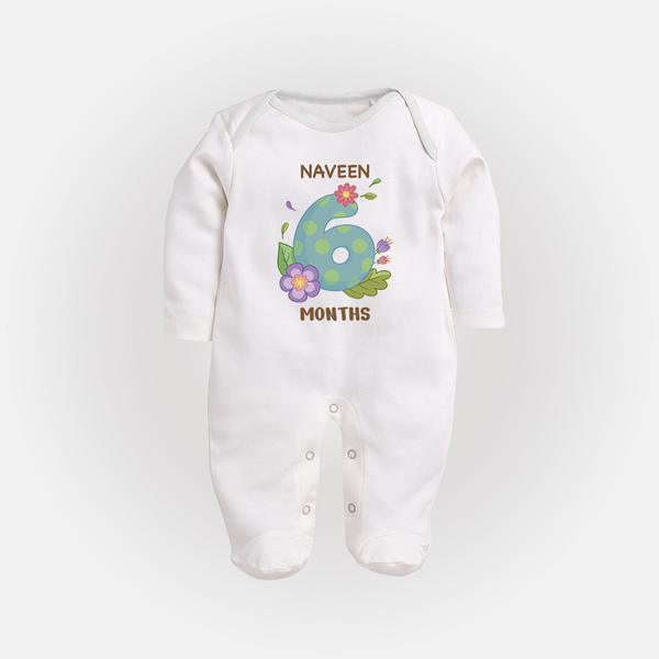 Celebrate Baby's 6th Month | Custom Full Sleeve Bodysuit/ Sleep Suit/ Jumpsuit | Premium Cotton - WHITE - New Born (Chest 7.5")