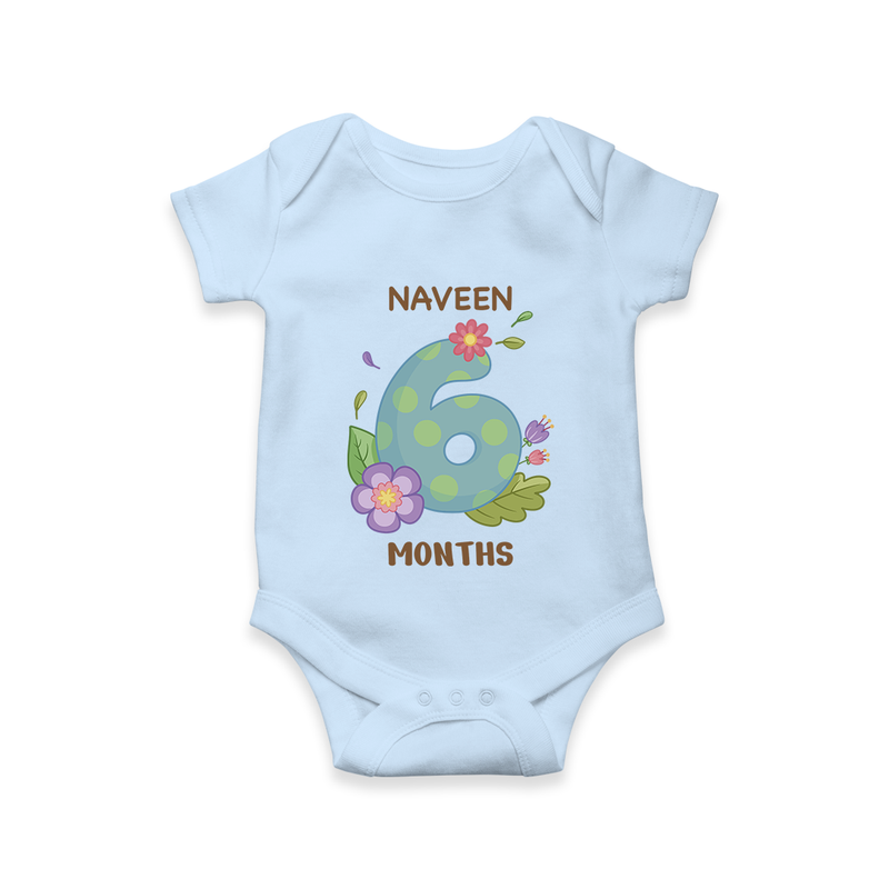 Celebrate Baby's 6th Month | Custom Romper/Onesie | Premium Cotton - BABY BLUE - New Born (Chest 14")