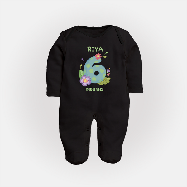 Celebrate Baby's 6th Month | Custom Full Sleeve Bodysuit/ Sleep Suit/ Jumpsuit | Premium Cotton - BLACK - New Born (Chest 7.5")