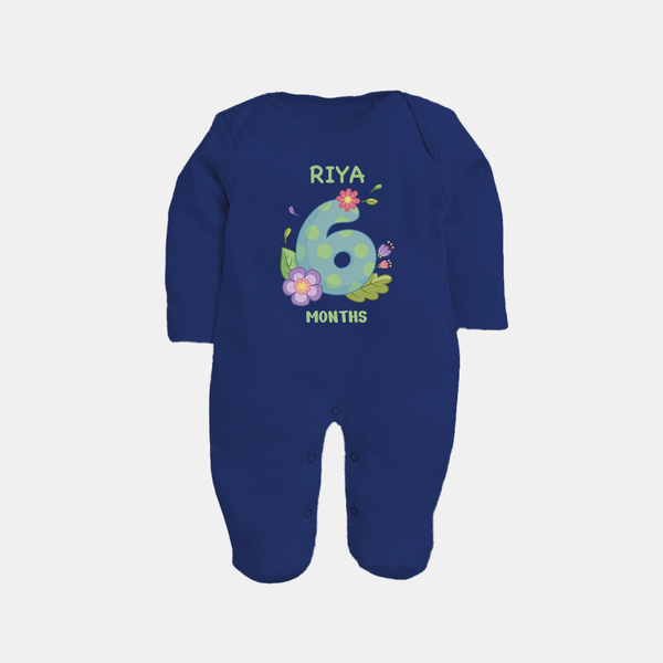 Celebrate Baby's 6th Month | Custom Full Sleeve Bodysuit/ Sleep Suit/ Jumpsuit | Premium Cotton - NAVY BLUE - New Born (Chest 7.5")