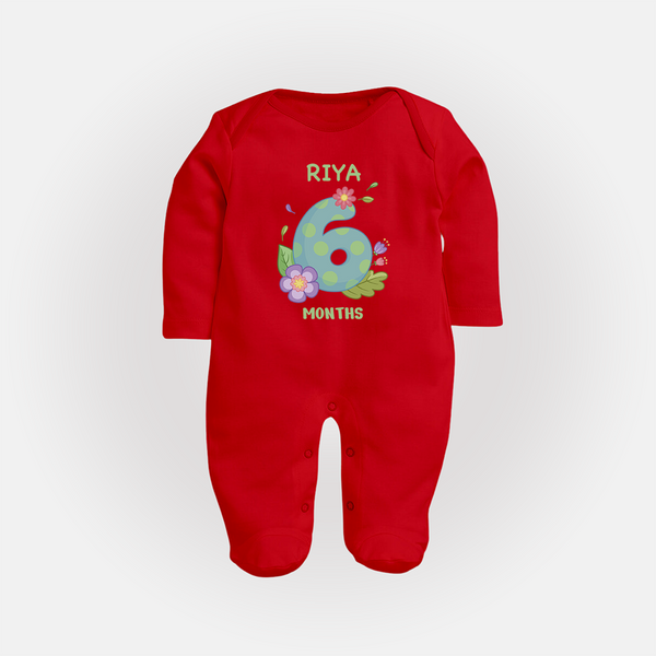 Celebrate Baby's 6th Month | Custom Full Sleeve Bodysuit/ Sleep Suit/ Jumpsuit | Premium Cotton - RED - New Born (Chest 7.5")
