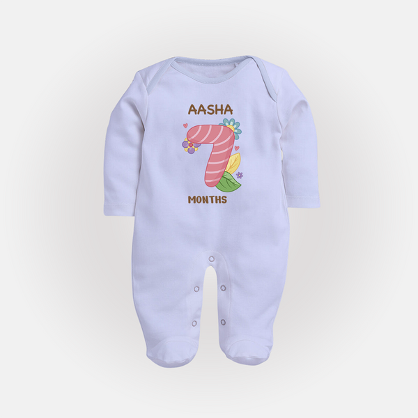 Celebrate Baby's 7th Month | Custom Full Sleeve Bodysuit/ Sleep Suit/ Jumpsuit | Premium Cotton - BABY BLUE - New Born (Chest 7.5")
