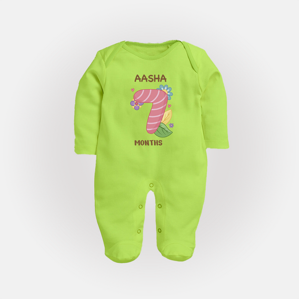 Celebrate Baby's 7th Month | Custom Full Sleeve Bodysuit/ Sleep Suit/ Jumpsuit | Premium Cotton - LIME GREEN - New Born (Chest 7.5")