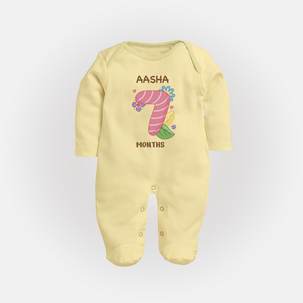 Celebrate Baby's 7th Month | Custom Full Sleeve Bodysuit/ Sleep Suit/ Jumpsuit | Premium Cotton - PASTEL YELLOW - New Born (Chest 7.5")
