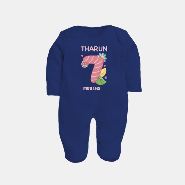 Celebrate Baby's 7th Month | Custom Full Sleeve Bodysuit/ Sleep Suit/ Jumpsuit | Premium Cotton - NAVY BLUE - New Born (Chest 7.5")