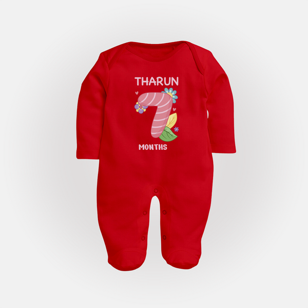 Celebrate Baby's 7th Month | Custom Full Sleeve Bodysuit/ Sleep Suit/ Jumpsuit | Premium Cotton - RED - New Born (Chest 7.5")