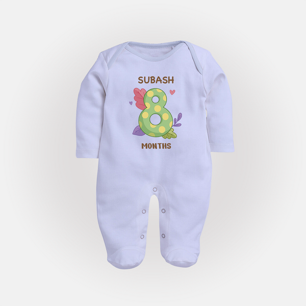 Celebrate Baby's 8th Month | Custom Full Sleeve Bodysuit/ Sleep Suit/ Jumpsuit | Premium Cotton - BABY BLUE - New Born (Chest 7.5")