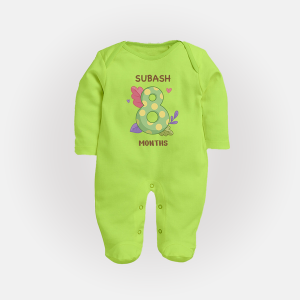 Celebrate Baby's 8th Month | Custom Full Sleeve Bodysuit/ Sleep Suit/ Jumpsuit | Premium Cotton - LIME GREEN - New Born (Chest 7.5")