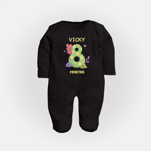 Celebrate Baby's 8th Month | Custom Full Sleeve Bodysuit/ Sleep Suit/ Jumpsuit | Premium Cotton - BLACK - New Born (Chest 7.5")