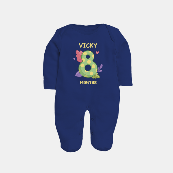 Celebrate Baby's 8th Month | Custom Full Sleeve Bodysuit/ Sleep Suit/ Jumpsuit | Premium Cotton - NAVY BLUE - New Born (Chest 7.5")