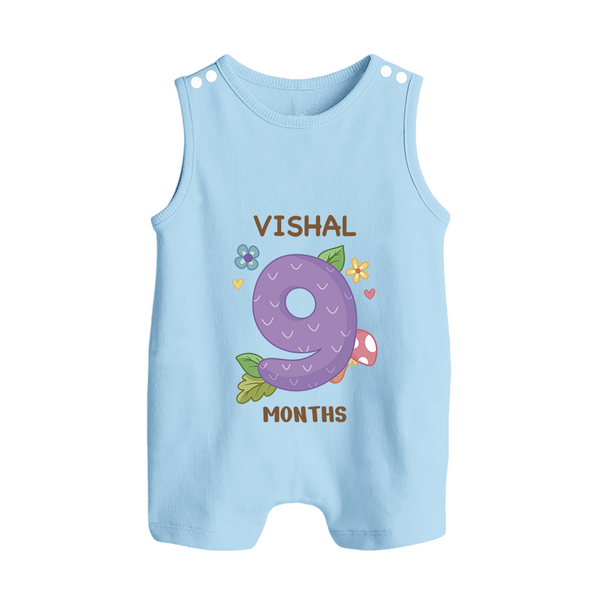 Celebrate Baby's 9th Month | Custom Romper Suit/ Sleeveless Romper | Premium Cotton - BABY BLUE - 0 - 5 Months Old (Chest 18")