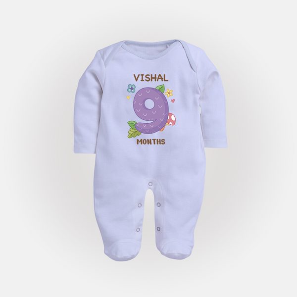 Celebrate Baby's 9th Month | Custom Full Sleeve Bodysuit/ Sleep Suit/ Jumpsuit | Premium Cotton - BABY BLUE - New Born (Chest 7.5")