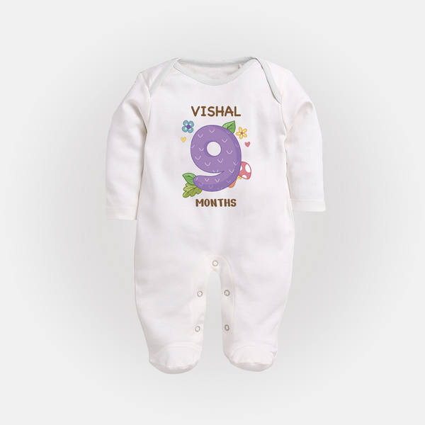 Celebrate Baby's 9th Month | Custom Full Sleeve Bodysuit/ Sleep Suit/ Jumpsuit | Premium Cotton - WHITE - New Born (Chest 7.5")