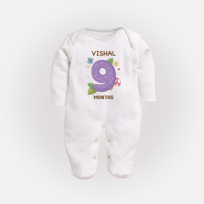 Celebrate Baby's 9th Month | Custom Full Sleeve Bodysuit/ Sleep Suit/ Jumpsuit | Premium Cotton - WHITE - New Born (Chest 7.5")