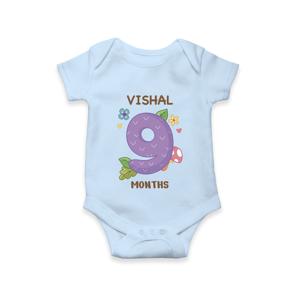 Celebrate Baby's 9th Month | Custom Romper/Onesie | Premium Cotton - BABY BLUE - New Born (Chest 14")