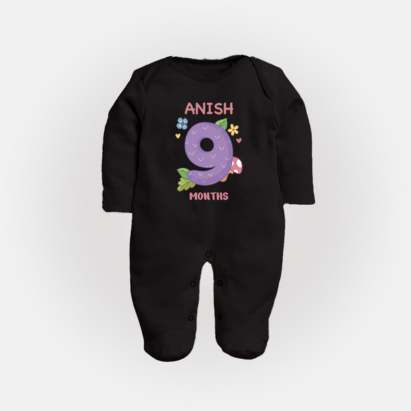 Celebrate Baby's 9th Month | Custom Full Sleeve Bodysuit/ Sleep Suit/ Jumpsuit | Premium Cotton - BLACK - New Born (Chest 7.5")