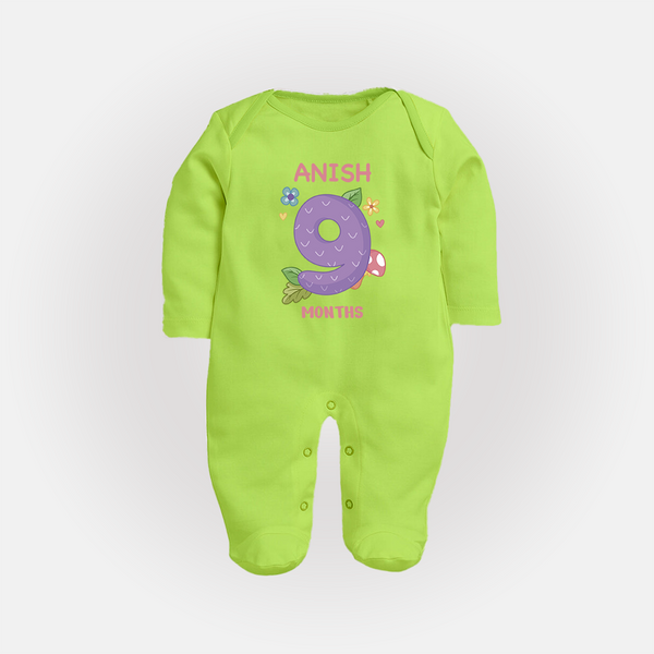 Celebrate Baby's 9th Month | Custom Full Sleeve Bodysuit/ Sleep Suit/ Jumpsuit | Premium Cotton - LIME GREEN - New Born (Chest 7.5")