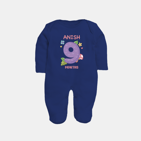 Celebrate Baby's 9th Month | Custom Full Sleeve Bodysuit/ Sleep Suit/ Jumpsuit | Premium Cotton - NAVY BLUE - New Born (Chest 7.5")