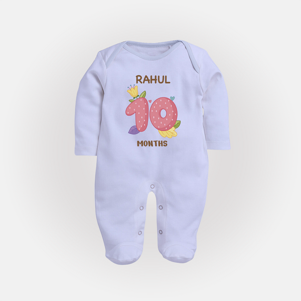 Celebrate Baby's 10th Month | Custom Full Sleeve Bodysuit/ Sleep Suit/ Jumpsuit | Premium Cotton - BABY BLUE - New Born (Chest 7.5")