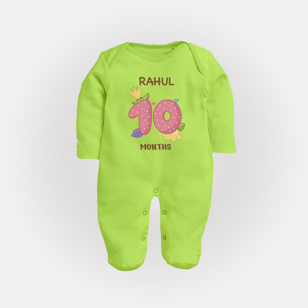 Celebrate Baby's 10th Month | Custom Full Sleeve Bodysuit/ Sleep Suit/ Jumpsuit | Premium Cotton - LIME GREEN - New Born (Chest 7.5")