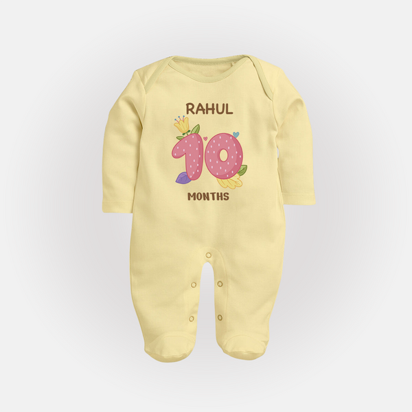 Celebrate Baby's 10th Month | Custom Full Sleeve Bodysuit/ Sleep Suit/ Jumpsuit | Premium Cotton - PASTEL YELLOW - New Born (Chest 7.5")