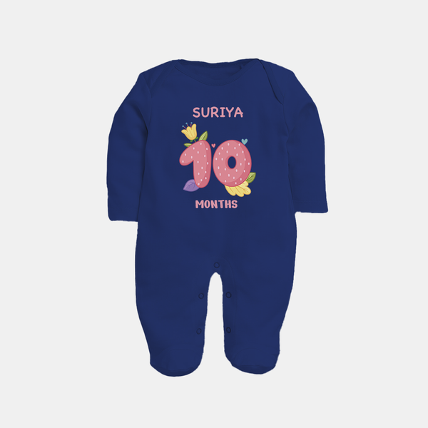 Celebrate Baby's 10th Month | Custom Full Sleeve Bodysuit/ Sleep Suit/ Jumpsuit | Premium Cotton - NAVY BLUE - New Born (Chest 7.5")