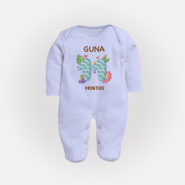 Celebrate Baby's 11th Month | Custom Full Sleeve Bodysuit/ Sleep Suit/ Jumpsuit | Premium Cotton - BABY BLUE - New Born (Chest 7.5")