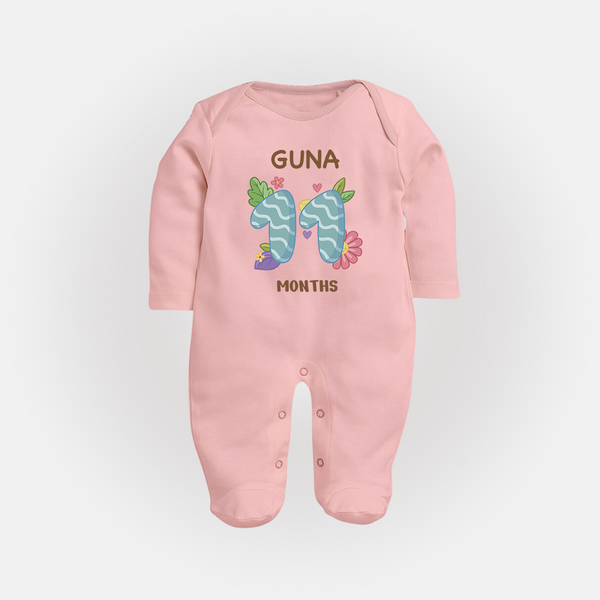 Celebrate Baby's 11th Month | Custom Full Sleeve Bodysuit/ Sleep Suit/ Jumpsuit | Premium Cotton - BABY PINK - New Born (Chest 7.5")