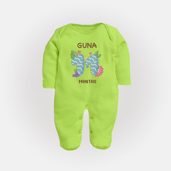 Celebrate Baby's 11th Month | Custom Full Sleeve Bodysuit/ Sleep Suit/ Jumpsuit | Premium Cotton - LIME GREEN - New Born (Chest 7.5")