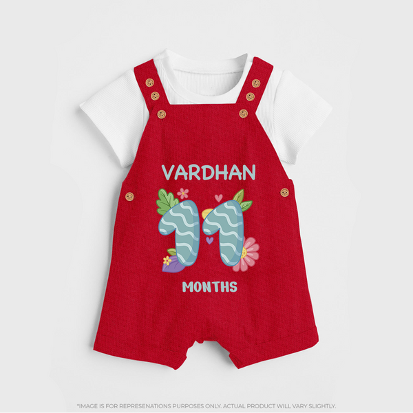Celebrate Baby's 11th Month | Custom Dungaree Set | Premium Cotton - RED - 0 - 5 Months Old (Chest 18")