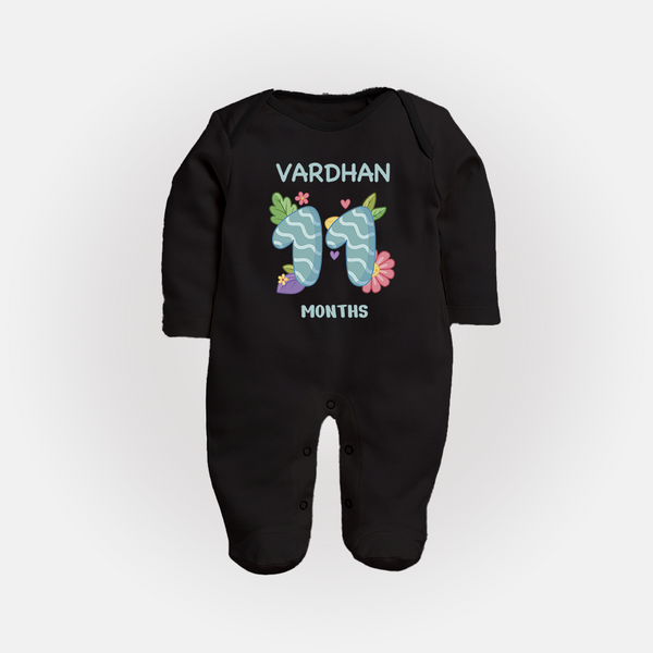Celebrate Baby's 11th Month | Custom Full Sleeve Bodysuit/ Sleep Suit/ Jumpsuit | Premium Cotton - BLACK - New Born (Chest 7.5")
