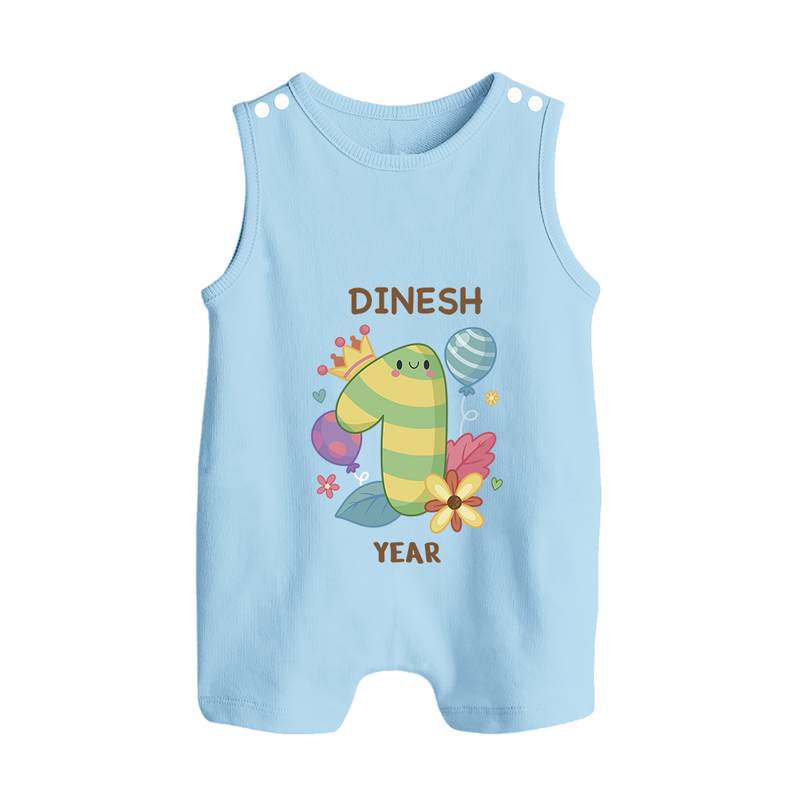 Celebrate Baby's 1st Year | Custom Romper Suit/ Sleeveless Romper | Premium Cotton - BABY BLUE - 0 - 5 Months Old (Chest 18")