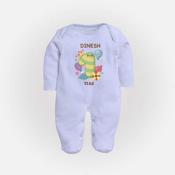 Celebrate Baby's 1st Year | Custom Full Sleeve Bodysuit/ Sleep Suit/ Jumpsuit | Premium Cotton - BABY BLUE - New Born (Chest 7.5")