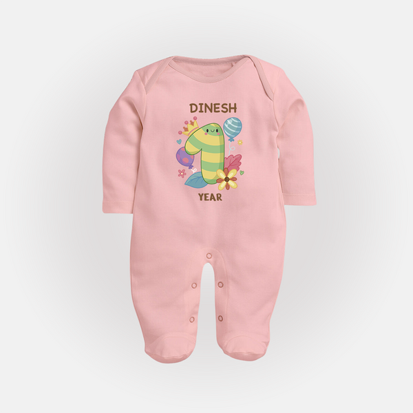Celebrate Baby's 1st Year | Custom Full Sleeve Bodysuit/ Sleep Suit/ Jumpsuit | Premium Cotton - BABY PINK - New Born (Chest 7.5")